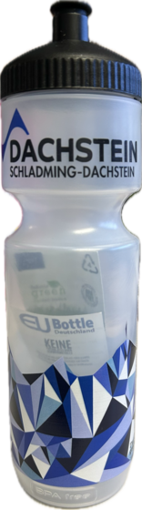 Transparent drinking bottle with black lid, blue Dachstein pattern and Schladming-Dachstein lettering | © Planai-Hochwurzen-Bahnen Gesellschaft m.b.H.