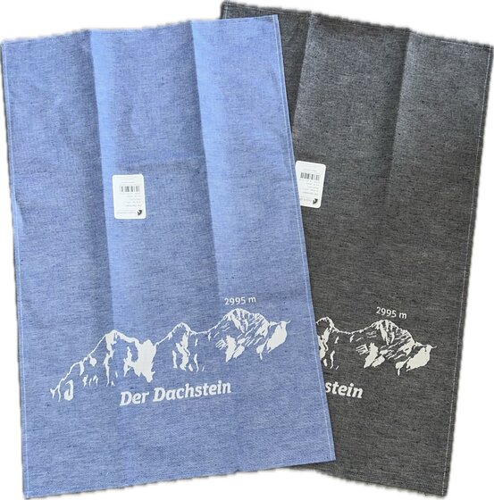 Two tea towels side by side in blue and black with white Dachstein print and elevation label 2995 m | © Planai-Hochwurzen-Bahnen Gesellschaft m.b.H.