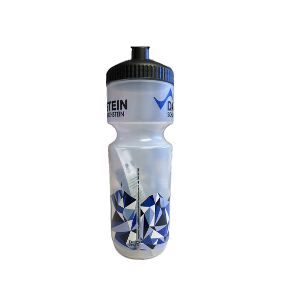 Transparent drinking bottle with black lid, blue Dachstein pattern and Schladming-Dachstein lettering | © Planai-Hochwurzen-Bahnen Gesellschaft m.b.H.