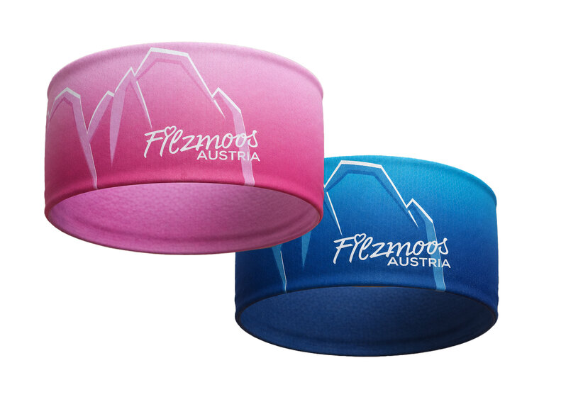 Two Filzmoos headbands in pink and blue with mountain motif and Austria lettering on a light background. | © Bergbahnen Filzmoos GmbH
