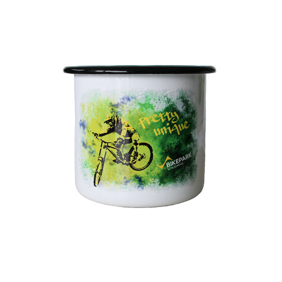 White enamel mug with black rim, colour splash, downhill rider and Bikepark lettering | © Planai-Hochwurzen-Bahnen GmbH
