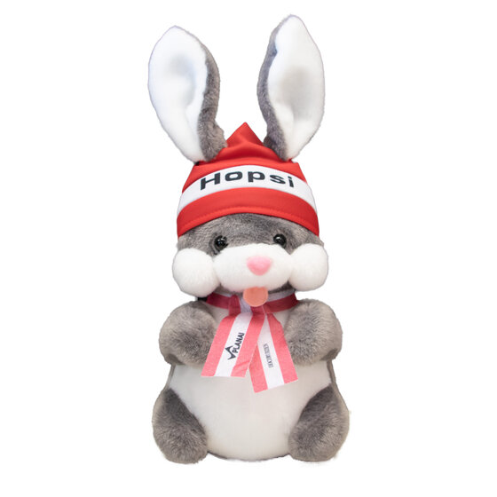 Hopsi plush bunny with red hat, white ears and red-white ribbon with print on front | © Planai-Hochwurzen-Bahnen GmbH