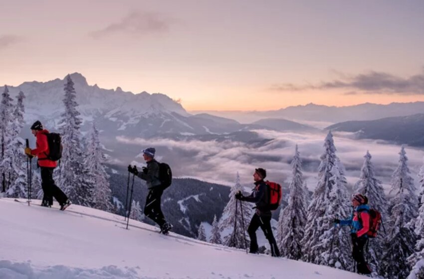 Four ski tourers ascend a snowy mountain slope at sunset with alpine forest backdrop. | © Ski amadé GmbH